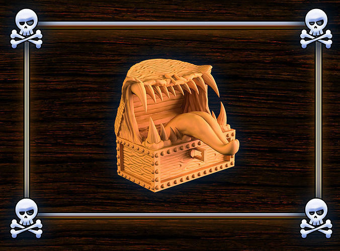 Mimic wooden pirate chest with skulls and crossbones 3D print model