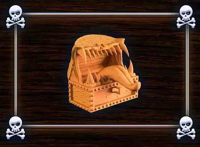 Mimic wooden pirate chest with skulls and crossbones 3D print model