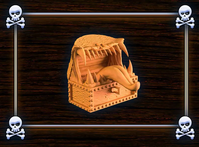 Mimic wooden pirate chest with skulls and crossbones 3D print model_0