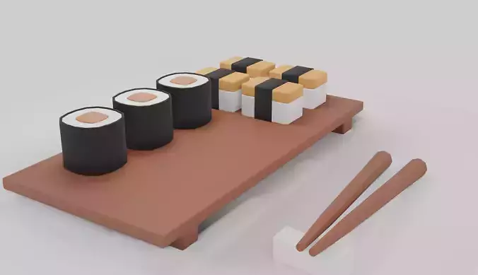 low poly sushi model wooden tray with chopsticks