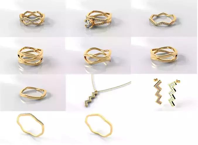 3D printing jewelry collection and golden jewelry set 3D print model