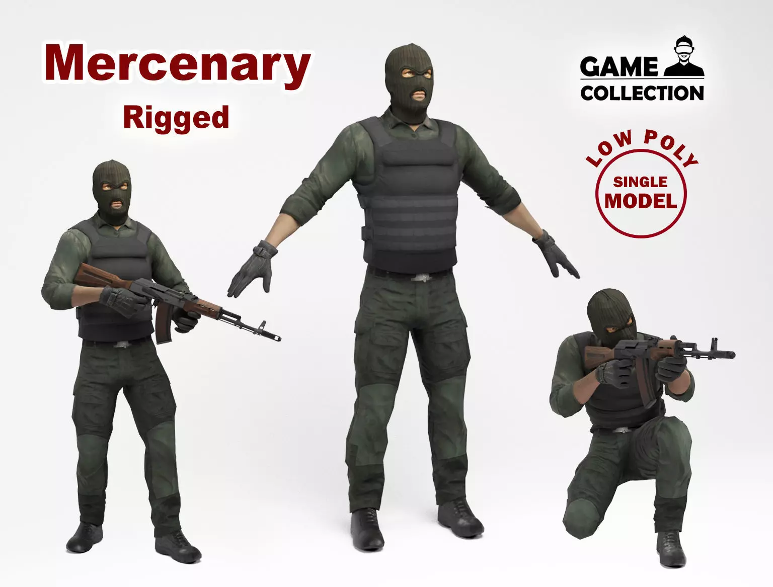 Mercenary 1 soldier holding gun Low-poly 3D model