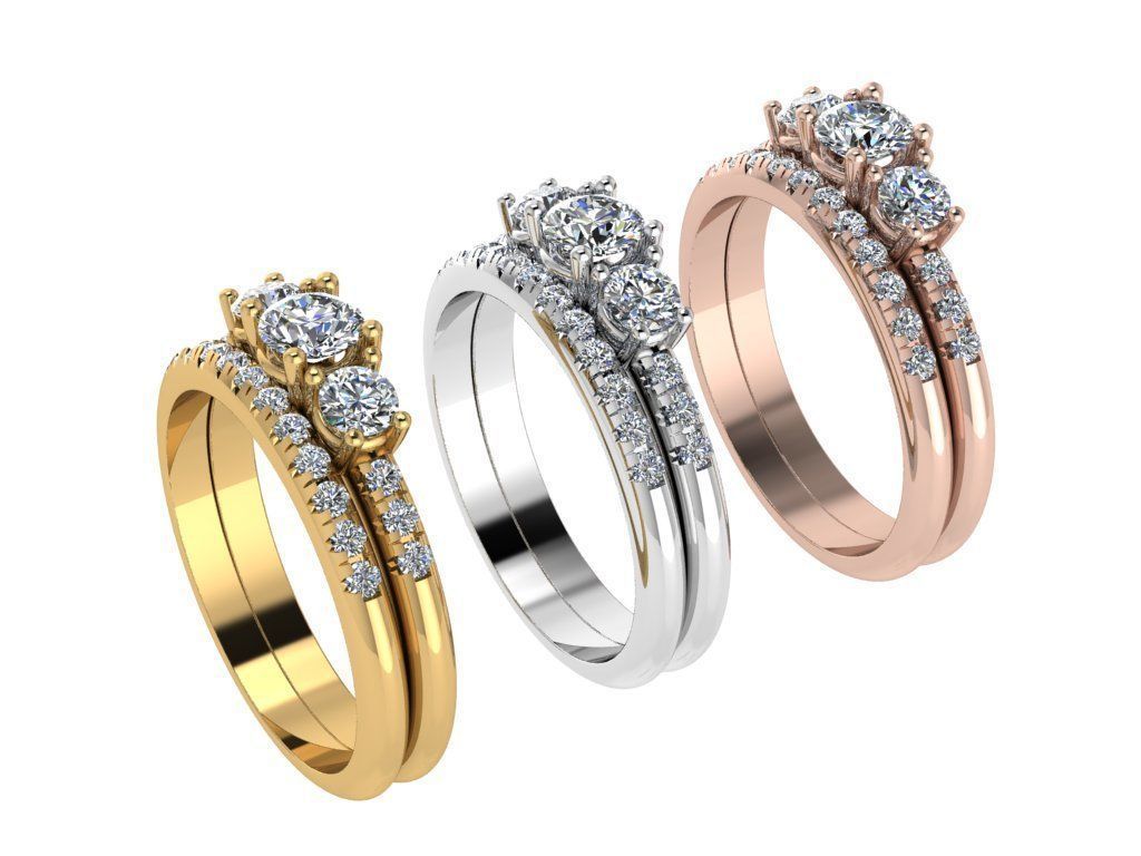 Ring163 three stone diamond engagement ring set gold 3D print model_4
