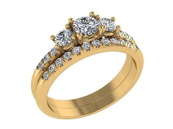 Ring163 three stone diamond engagement ring set gold 3D print model