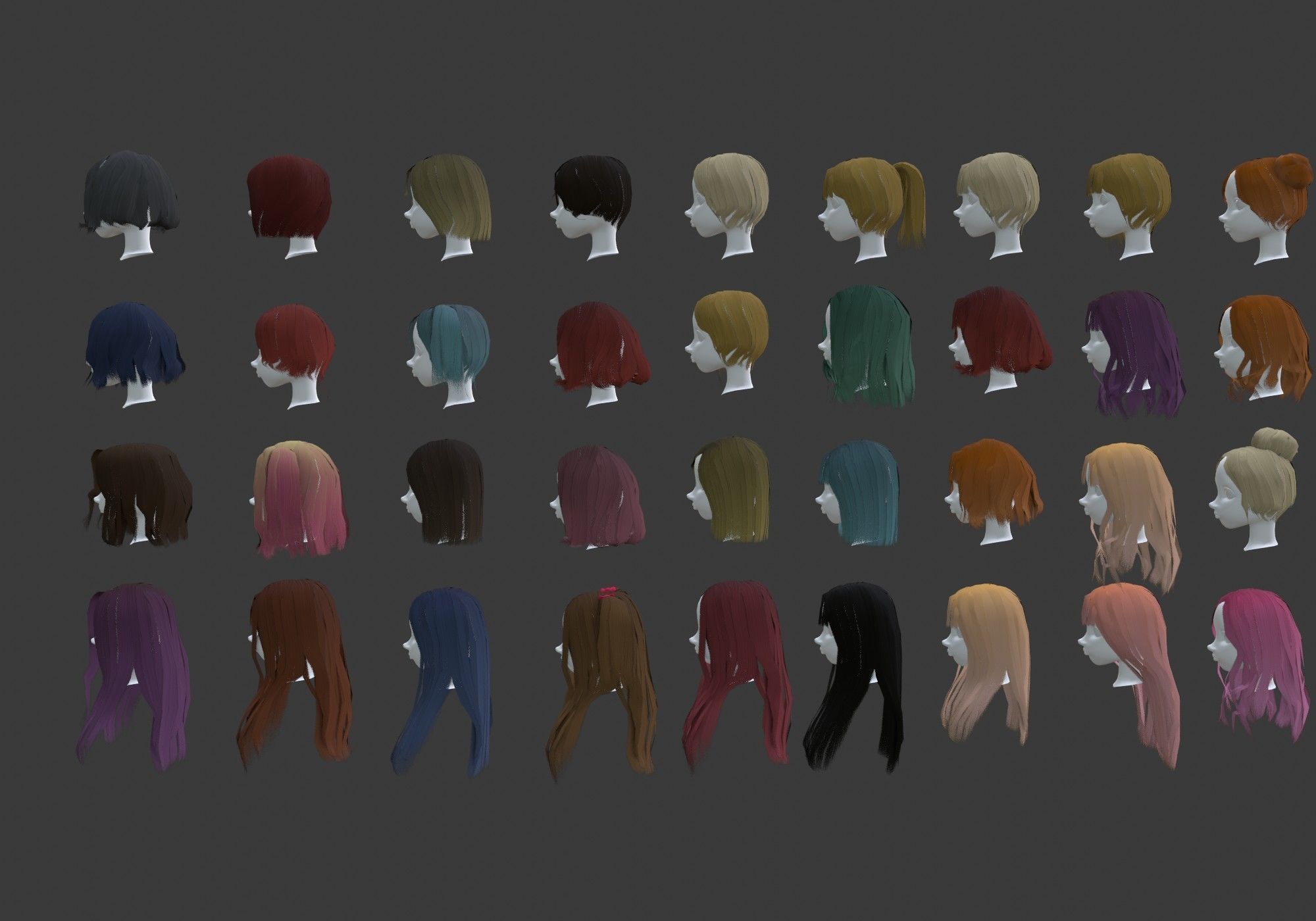 low poly hair collection different colored wigs Low-poly 3D model_6