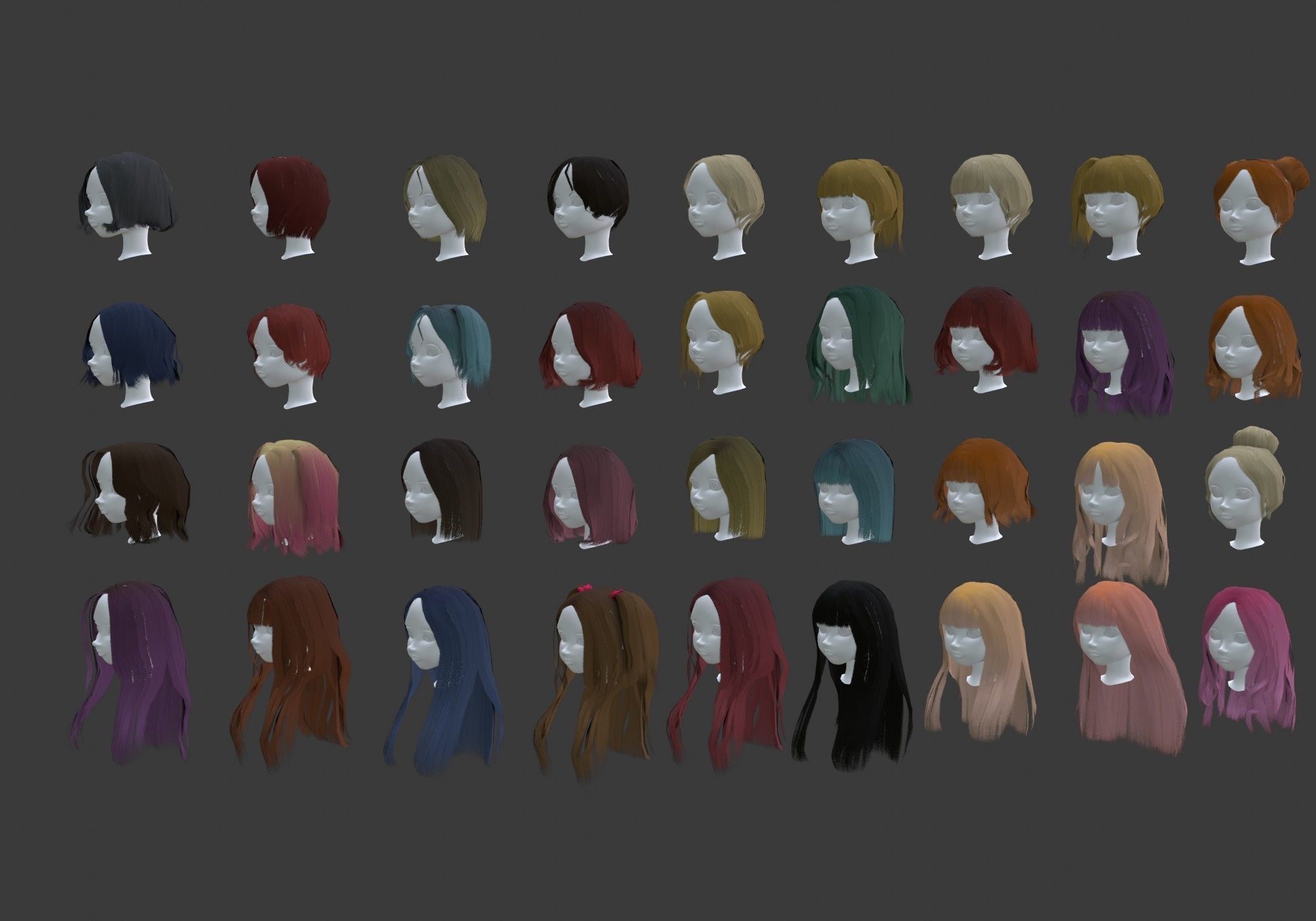 low poly hair collection different colored wigs Low-poly 3D model_7