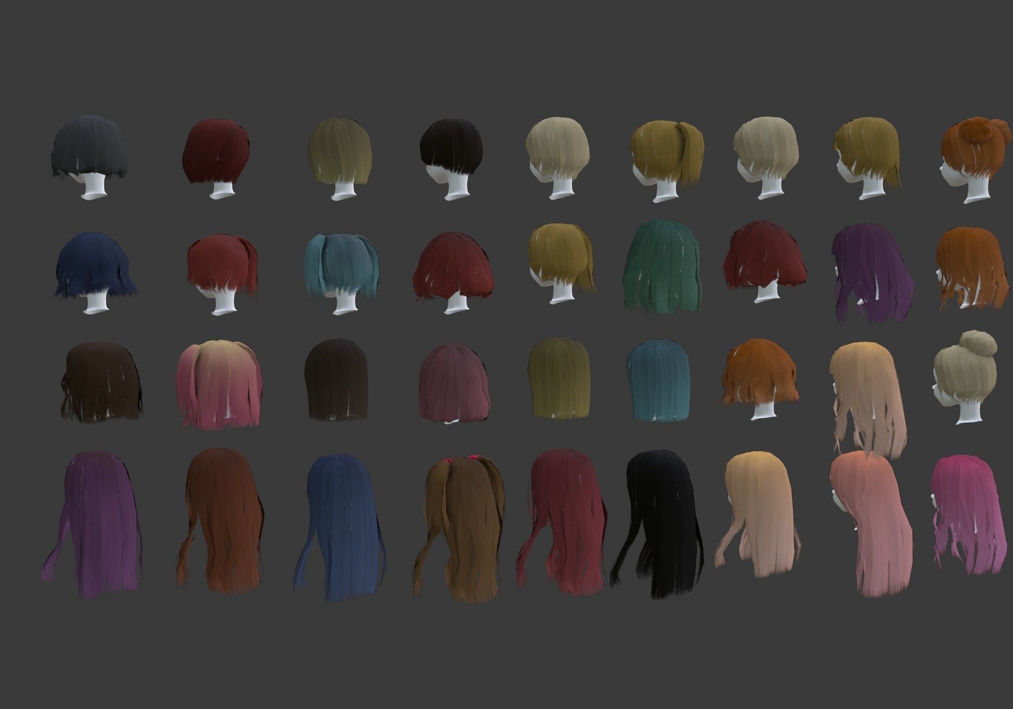 low poly hair collection different colored wigs Low-poly 3D model_5