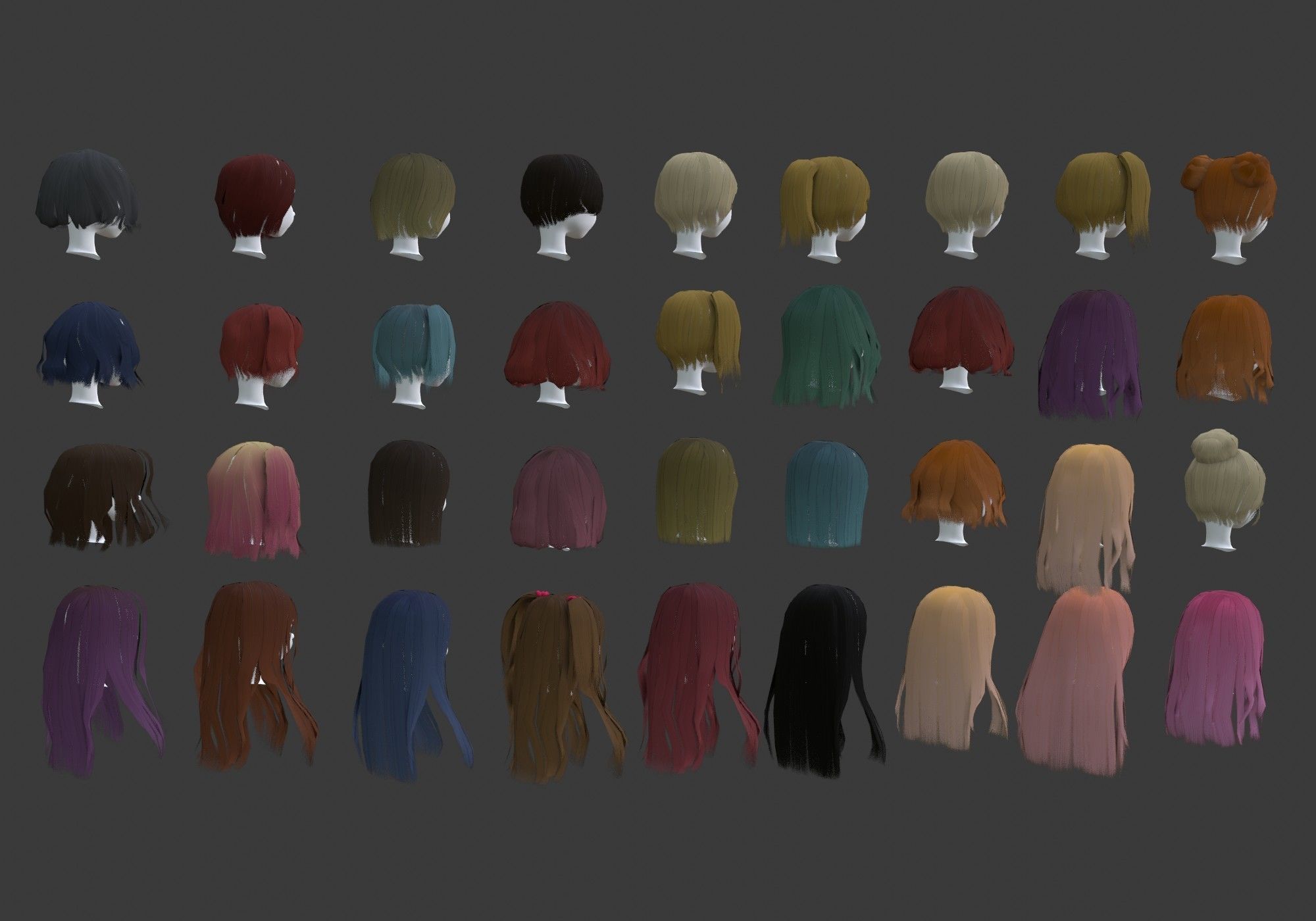 low poly hair collection different colored wigs Low-poly 3D model_3