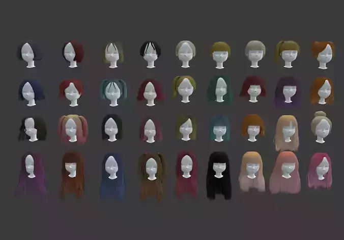 low poly hair collection different colored wigs Low-poly 3D model