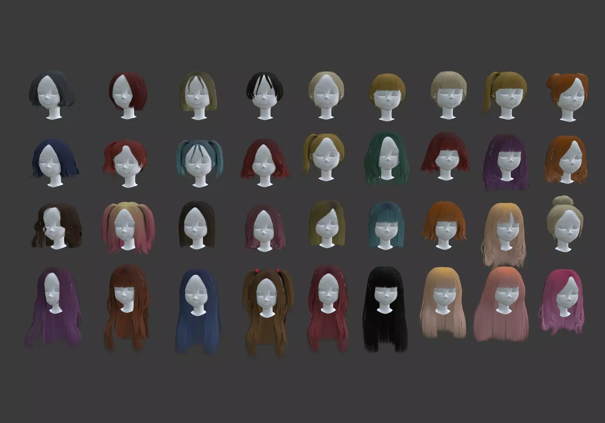 low poly hair collection different colored wigs Low-poly 3D model_0