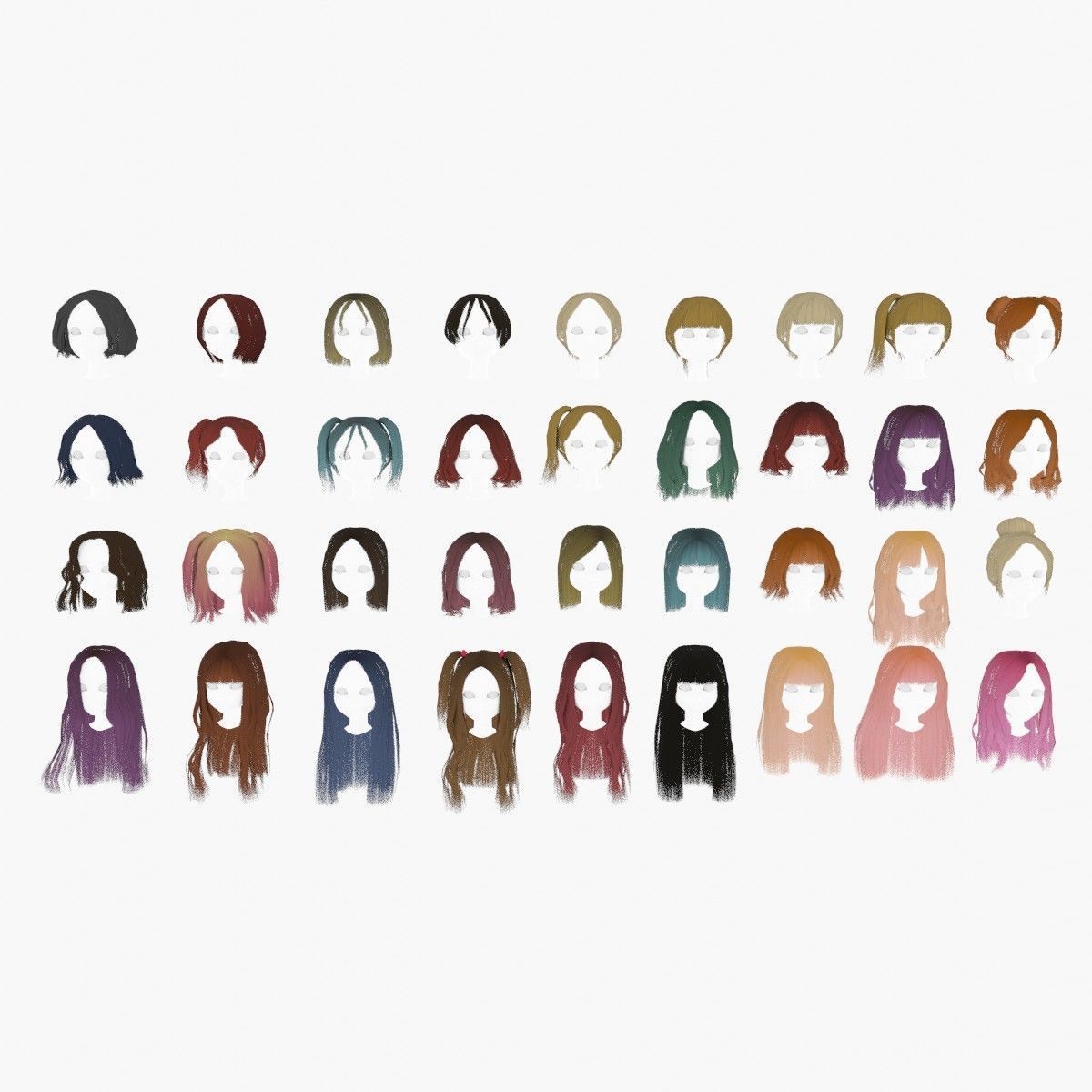 low poly hair collection different colored wigs Low-poly 3D model_8