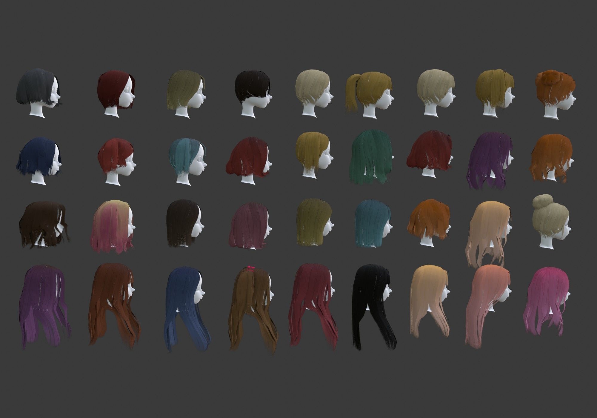 low poly hair collection different colored wigs Low-poly 3D model_2