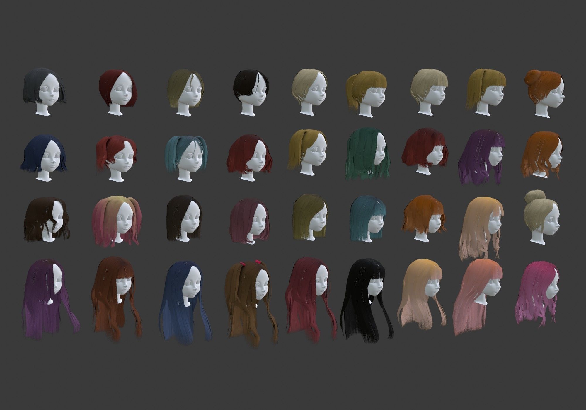 low poly hair collection different colored wigs Low-poly 3D model_1
