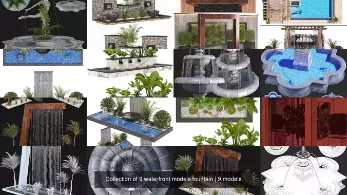 Collection of 9 waterfront models fountain