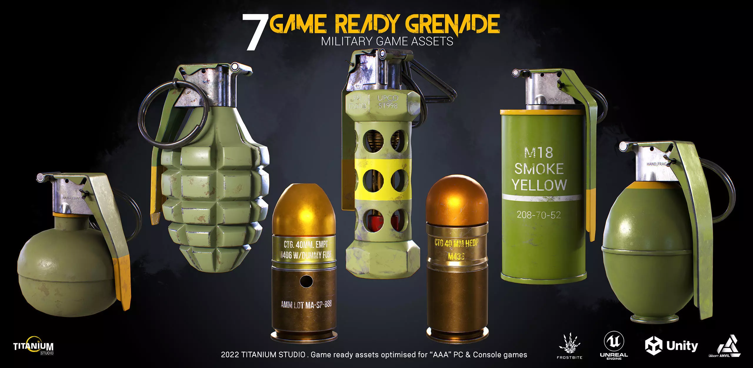 7 Grenade Game Ready Product - Military Game Asset Low-poly 3D model_0