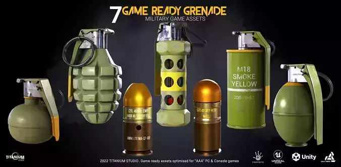 7 Grenade Game Ready Product - Military Game Asset Low-poly 3D model