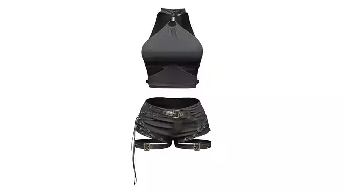 Ripped Denim Shorts Collar Neck Top Chick Outfit Low-poly 3D model