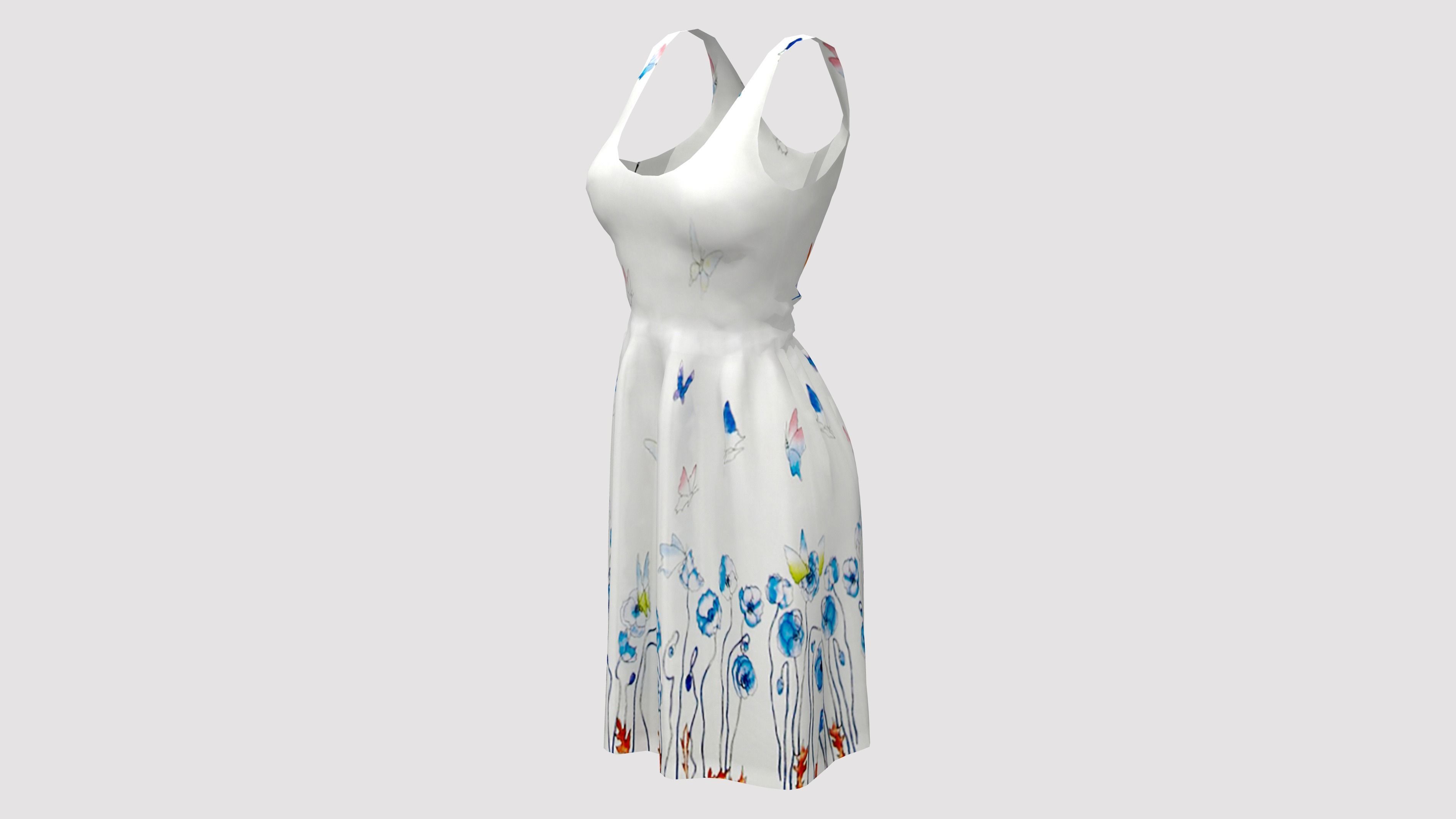Casual Ruffled Skirt Midi Dress Sleeveless Tank Dress Low-poly 3D model_3