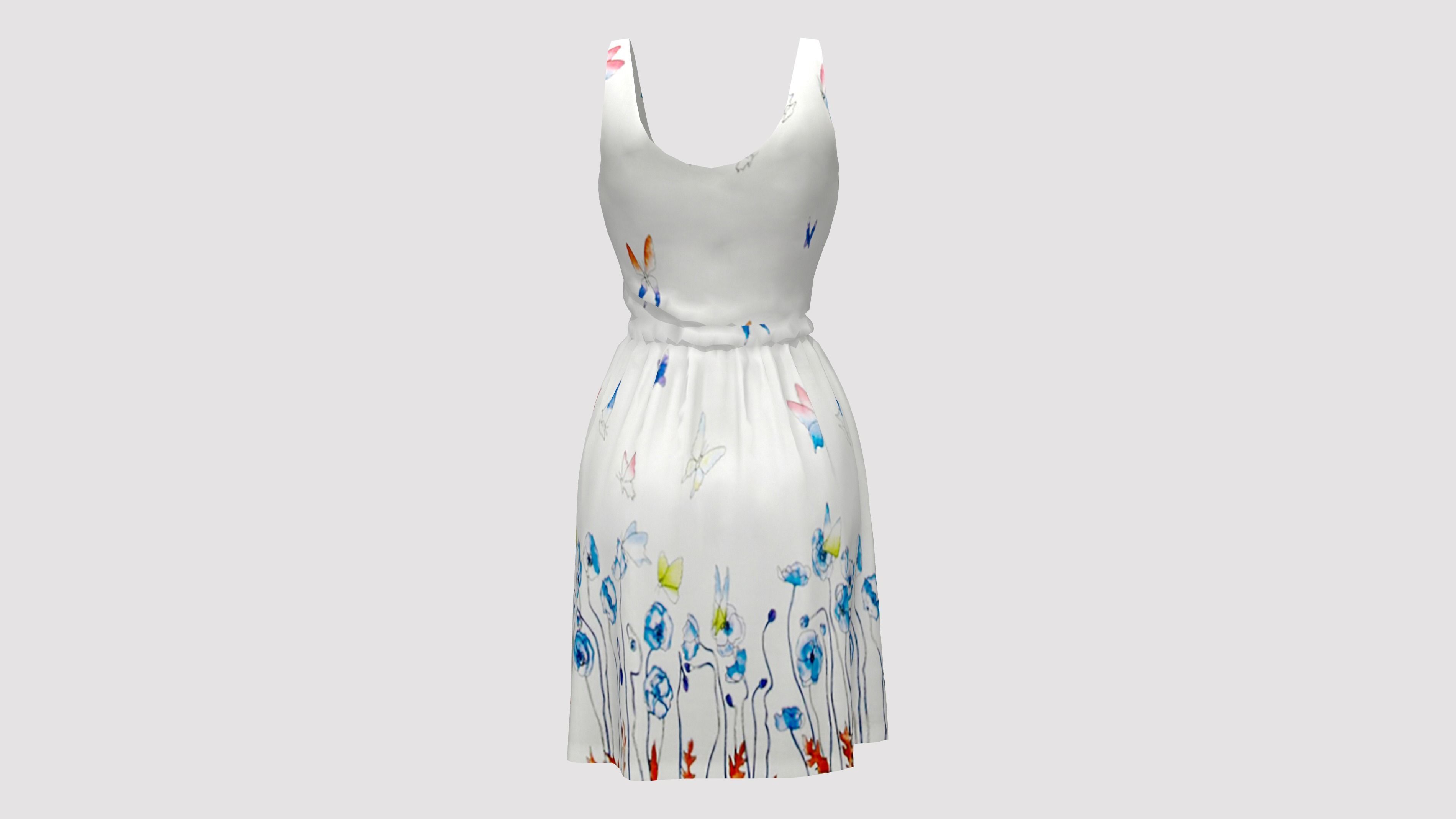 Casual Ruffled Skirt Midi Dress Sleeveless Tank Dress Low-poly 3D model_6