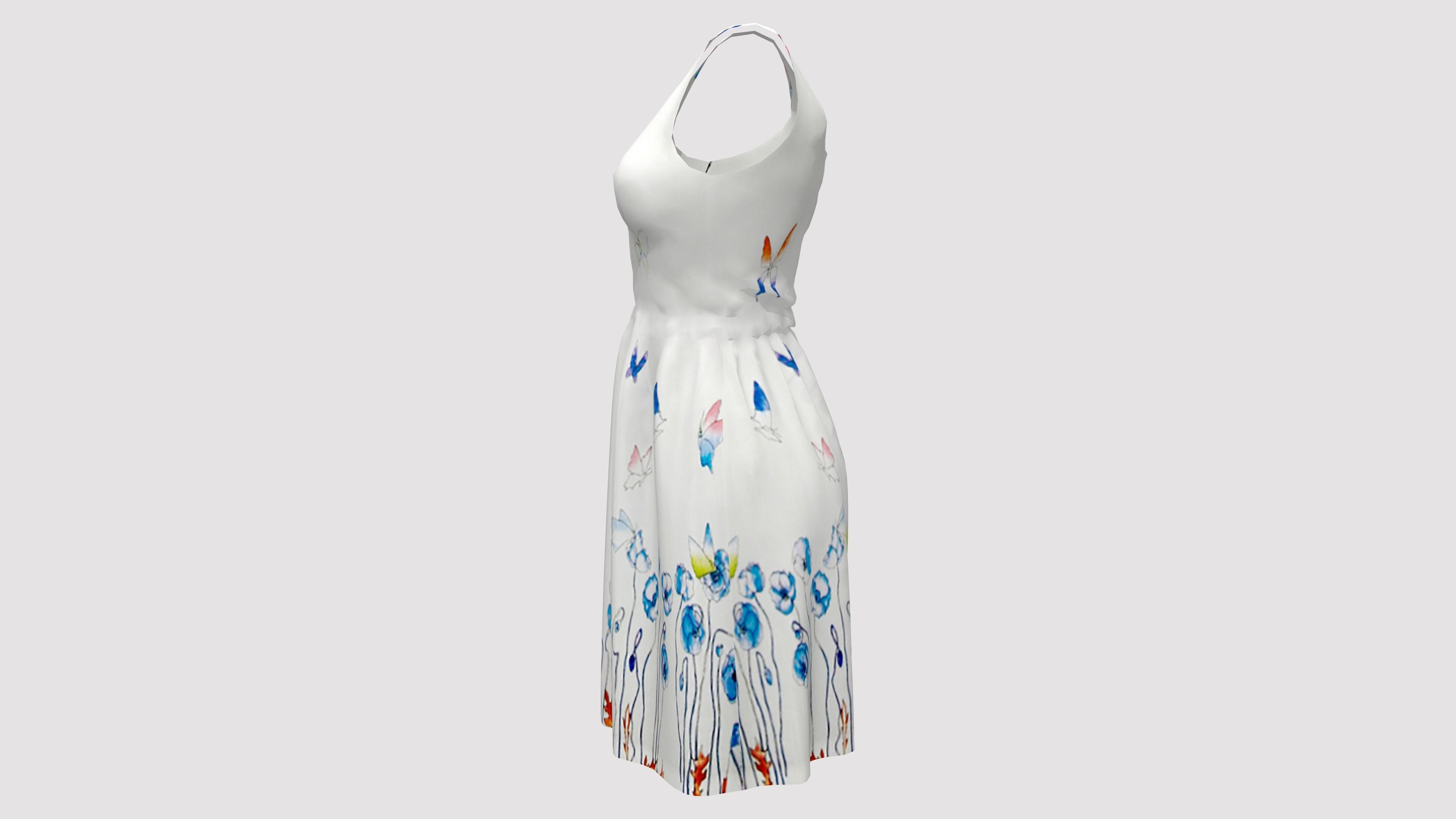 Casual Ruffled Skirt Midi Dress Sleeveless Tank Dress Low-poly 3D model_5