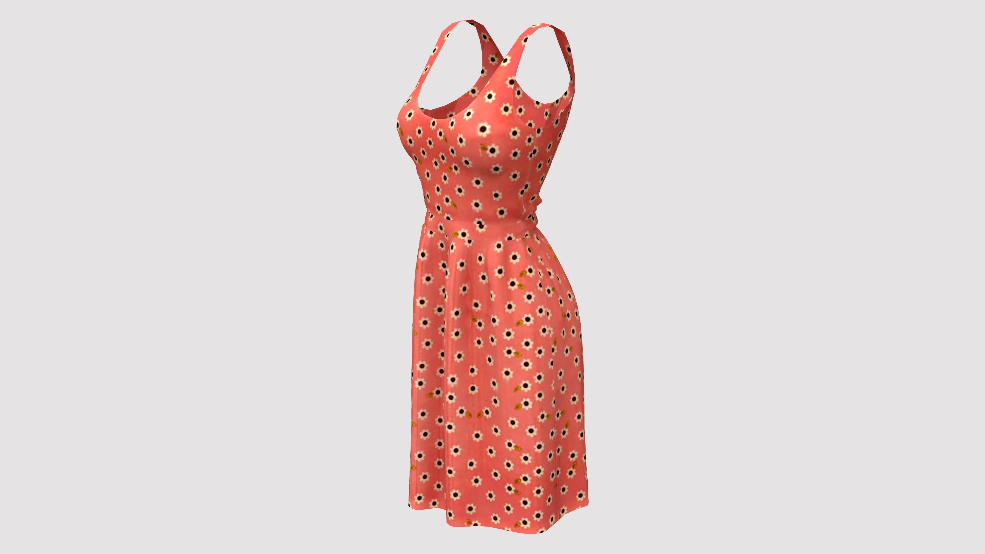 Casual Ruffled Skirt Midi Dress Sleeveless Tank Dress Low-poly 3D model_4