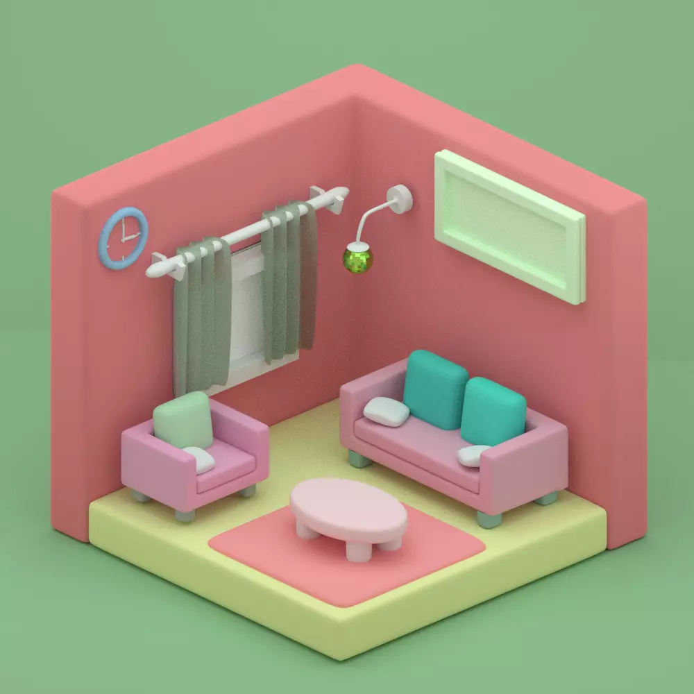 Low poly room dollhouse living Low-poly 3D model_0