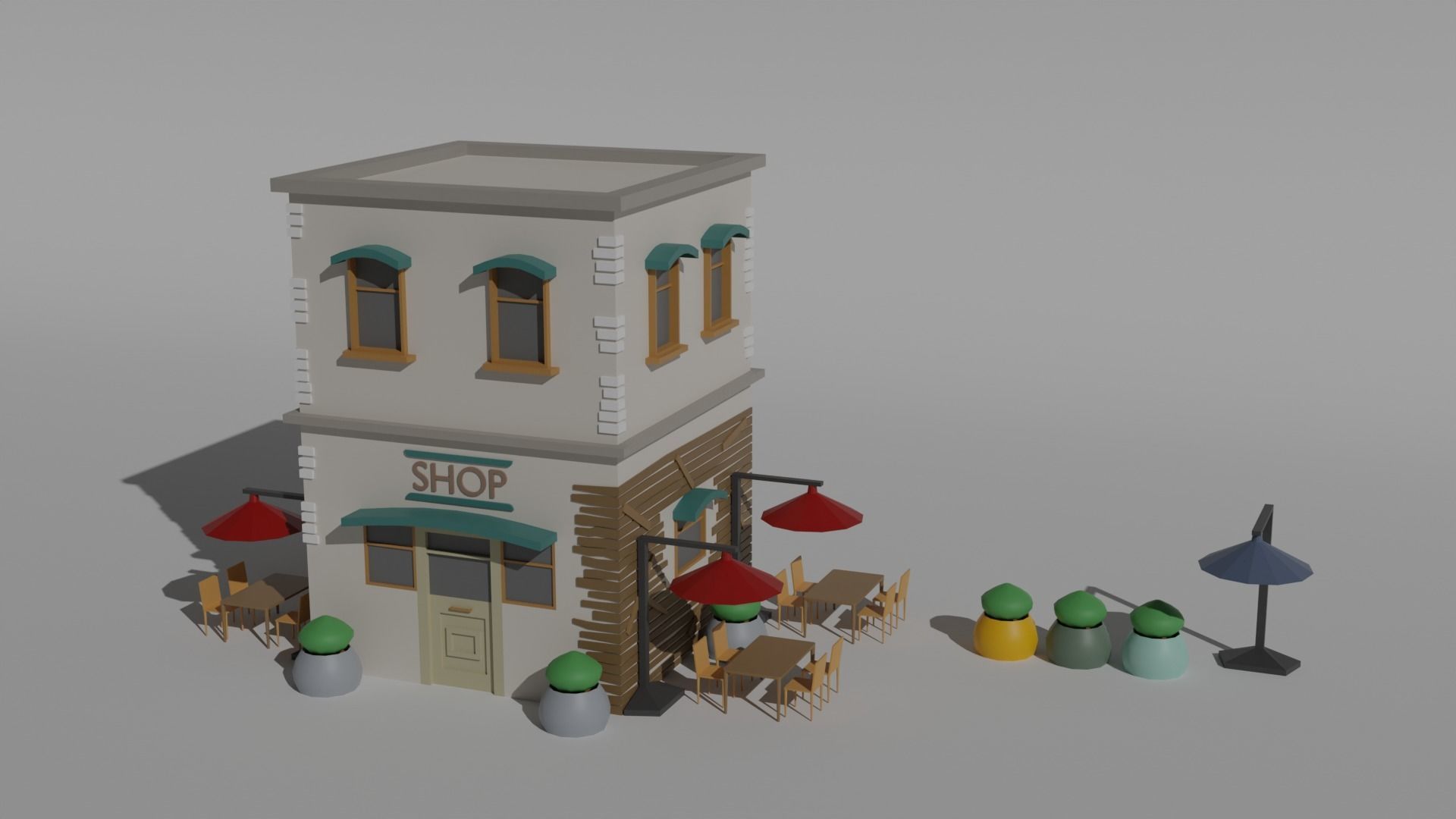 Low Poly Old Shop Building Low-poly 3D model_1