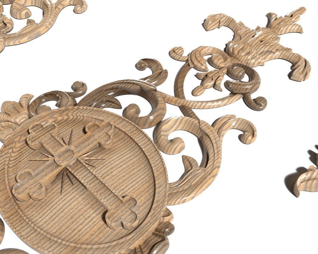 Cartouche-030 wood carving - ornate floral design 3D model_5