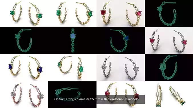 Chain Earrings diameter 25 mm with Gemstone 3D Model Collection