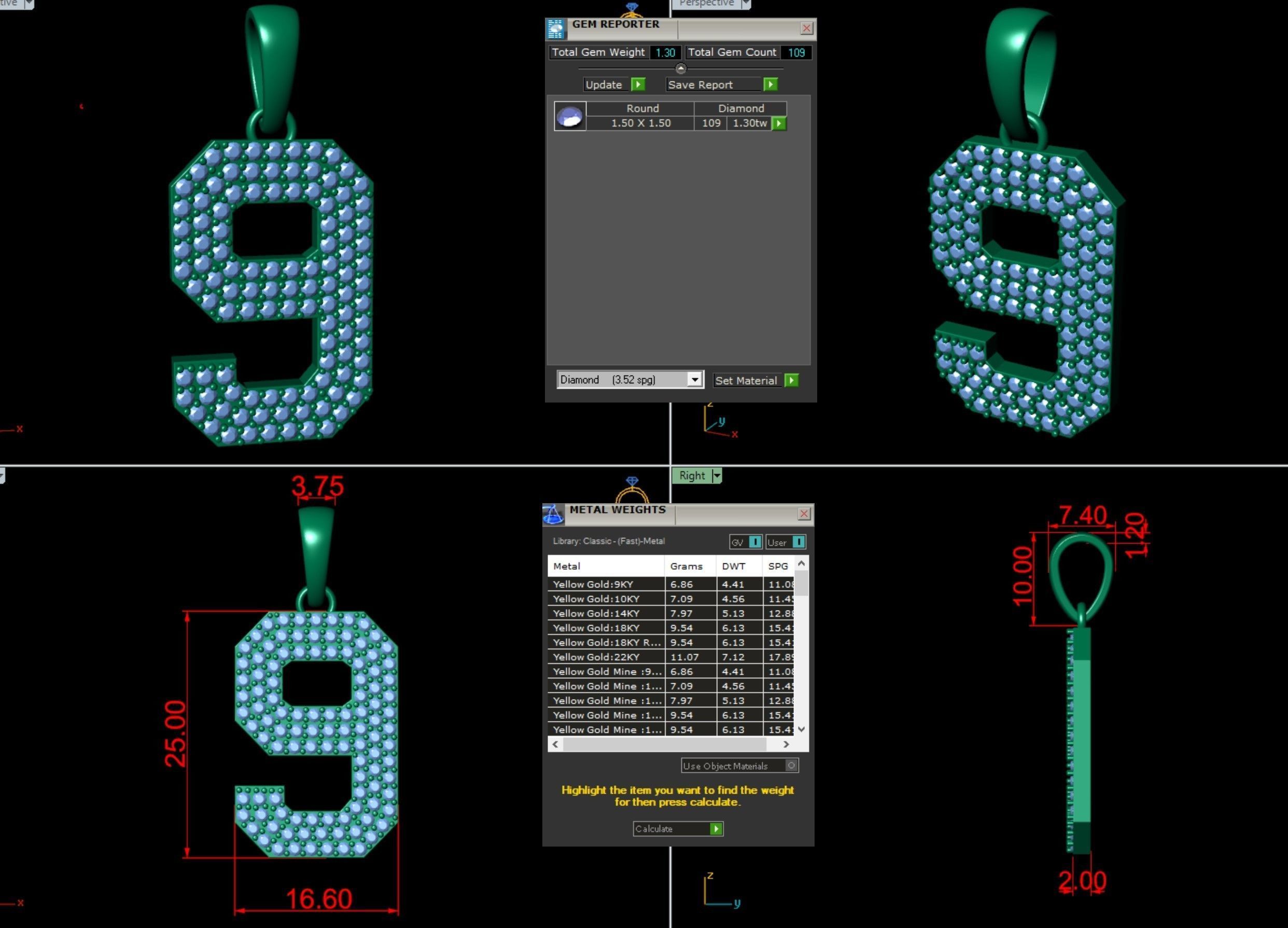 Number 9 Font Diamond Pendant  3D print model_3