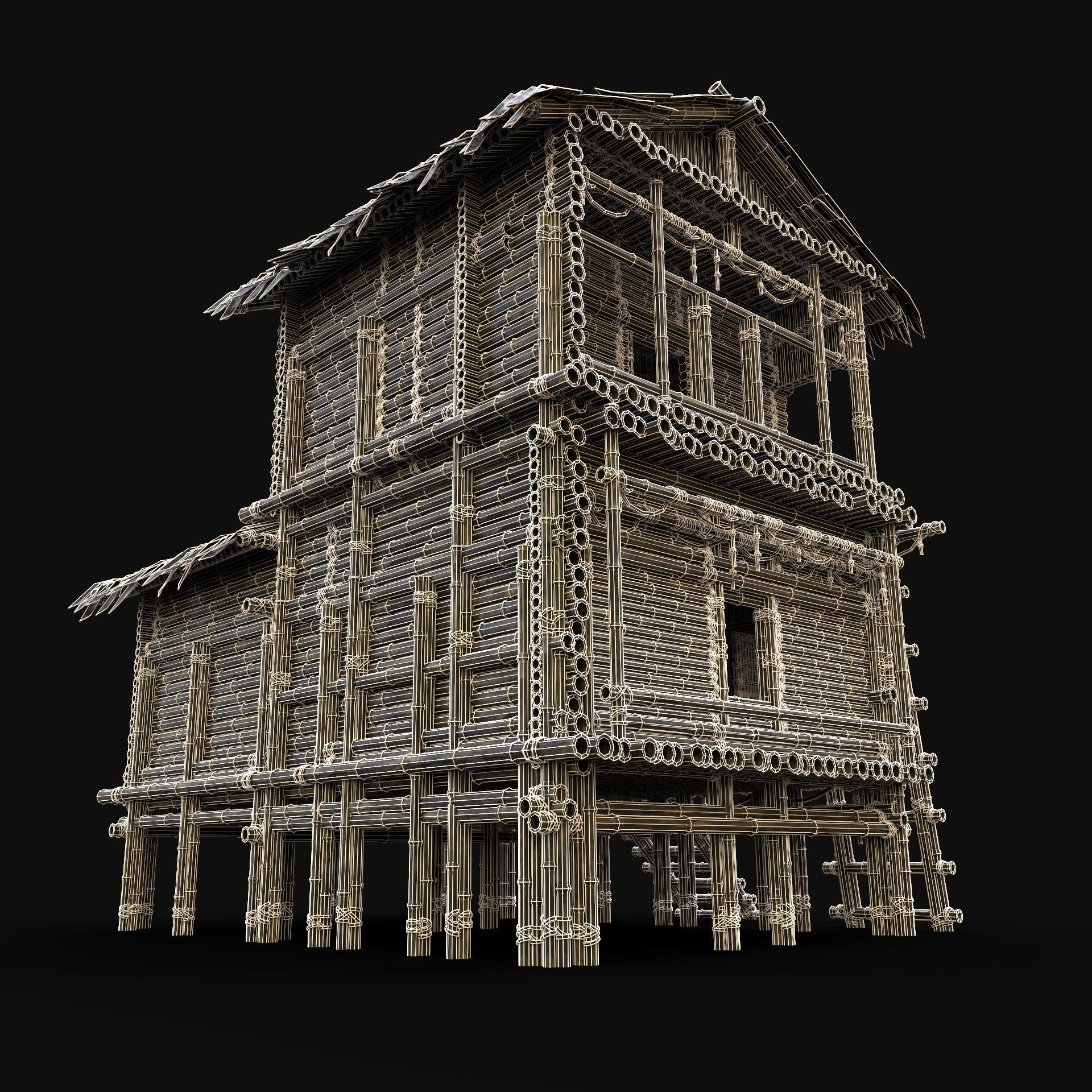 BAMBOO HOUSE SHELTER JUNGLE HUT CASTAWAY SURVIVAL BUILDER AAA 3D Model Collection_61