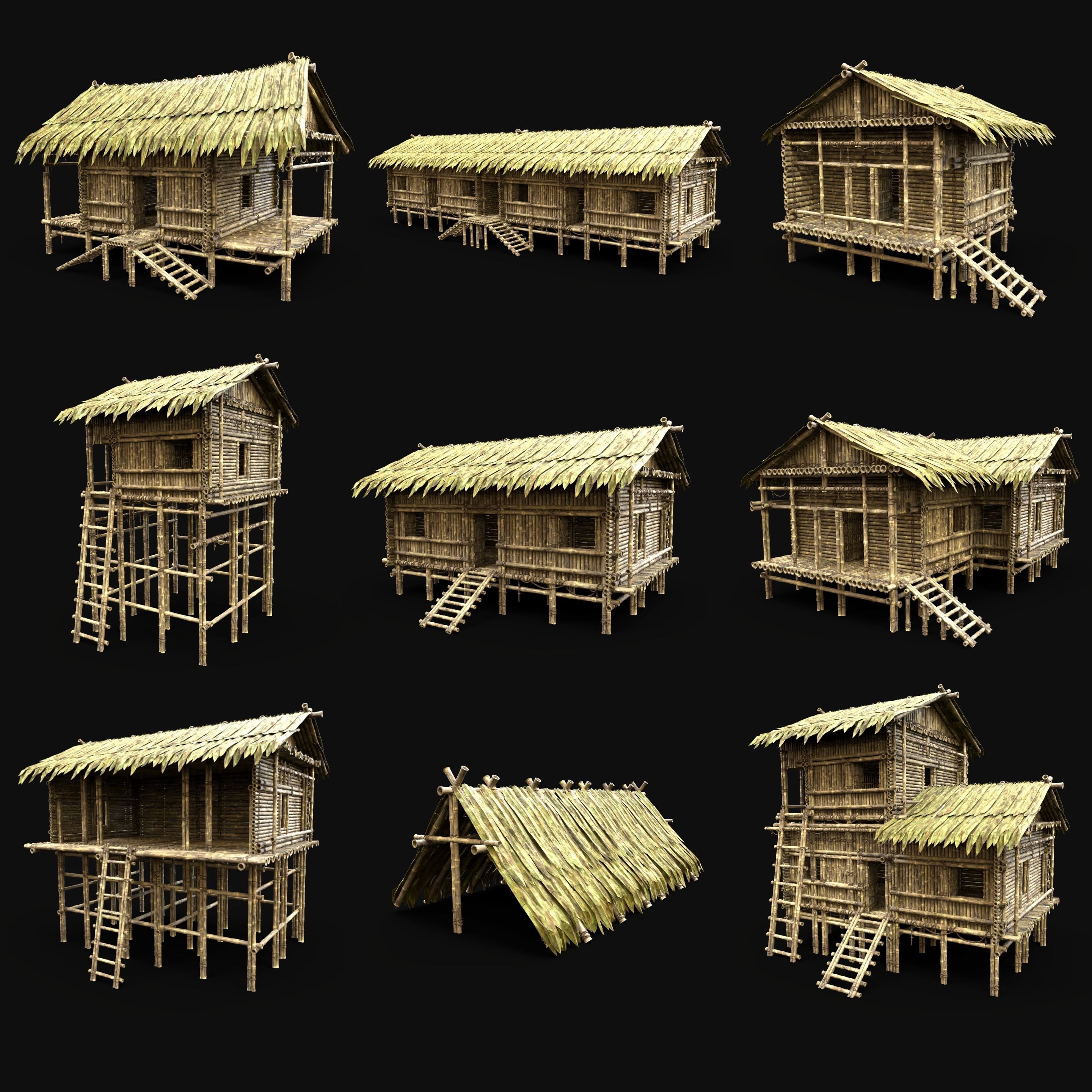 BAMBOO HOUSE SHELTER JUNGLE HUT CASTAWAY SURVIVAL BUILDER AAA 3D Model Collection_90