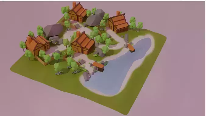 Low-Poly Town island in sky