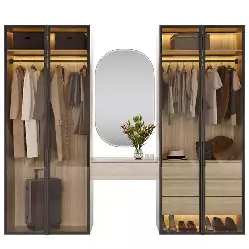 Wardrobe walk in closet with mirror and clothes