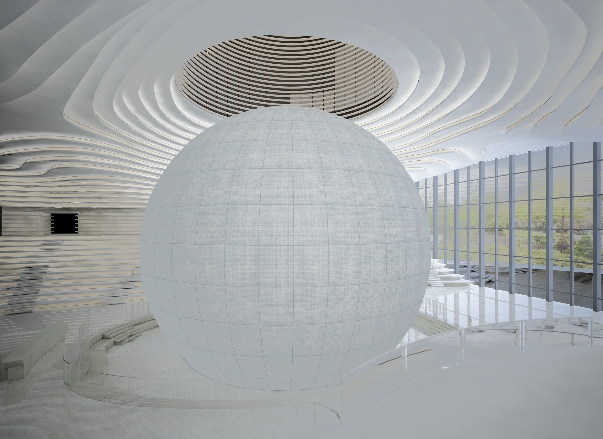 Museum interior of building with ball inside 3D model_3