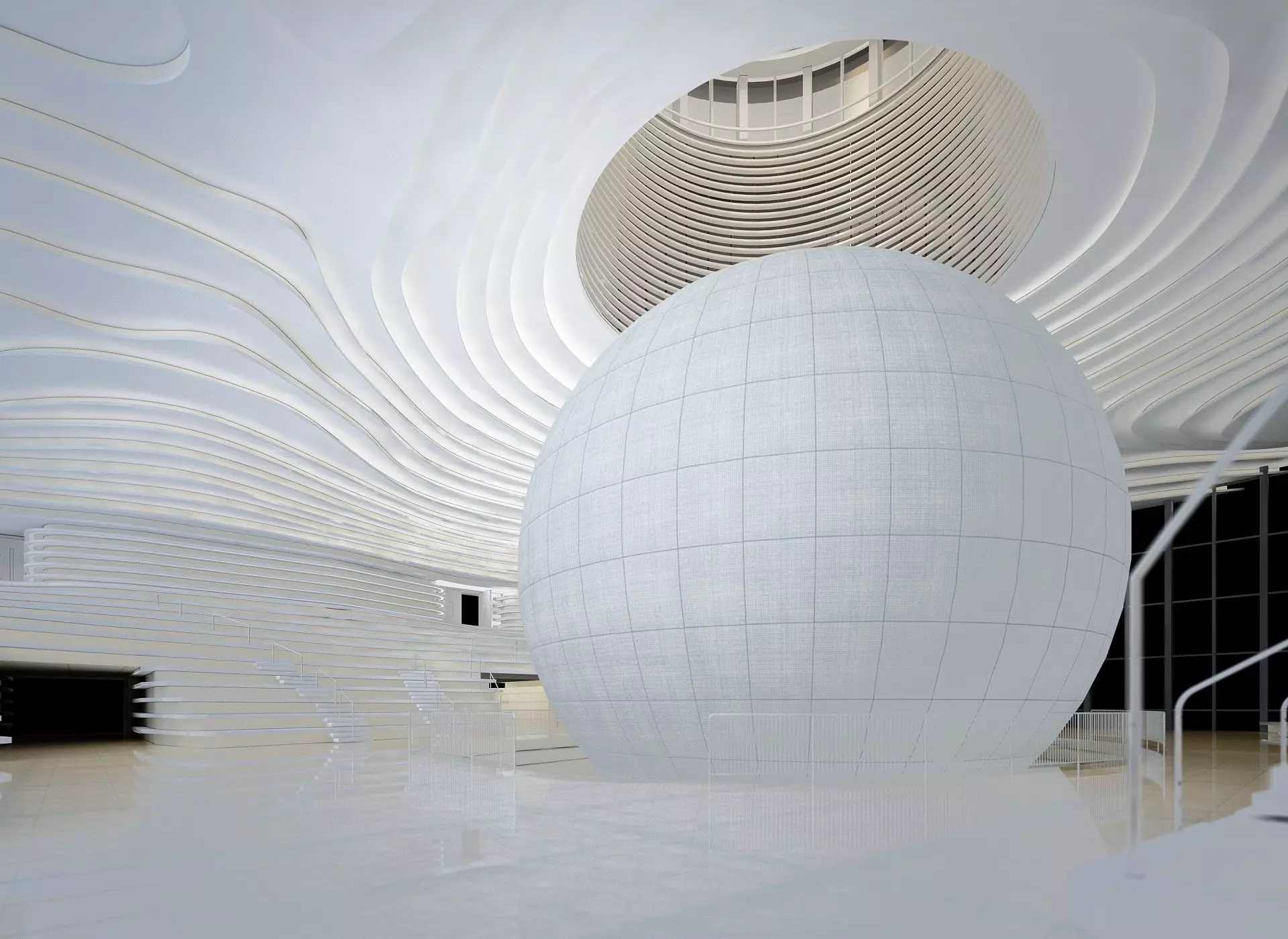 Museum interior of building with ball inside 3D model_0