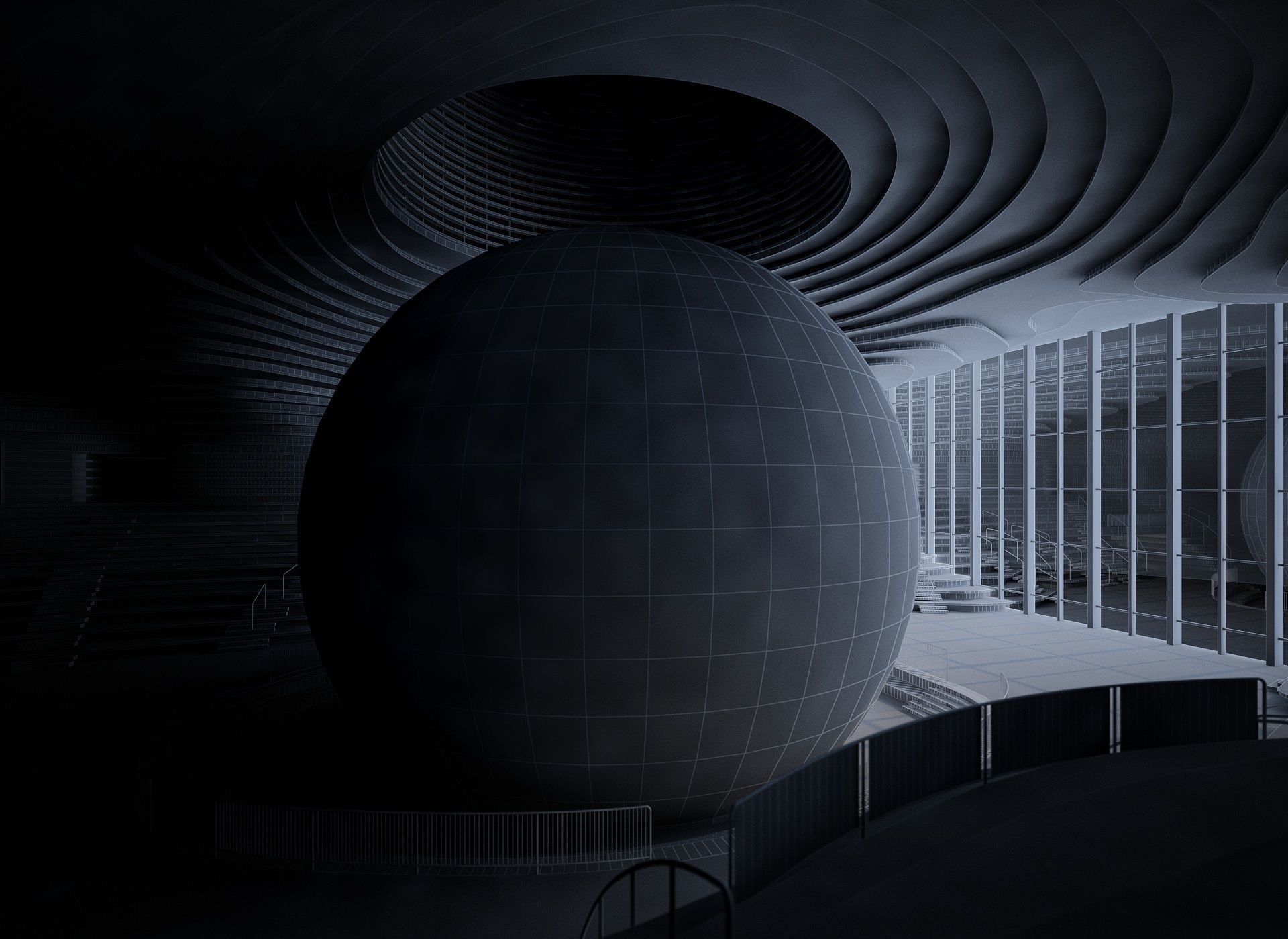 Museum interior of building with ball inside 3D model_11