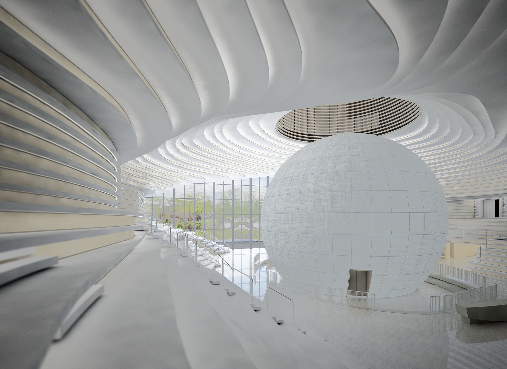 Museum interior of building with ball inside 3D model_4