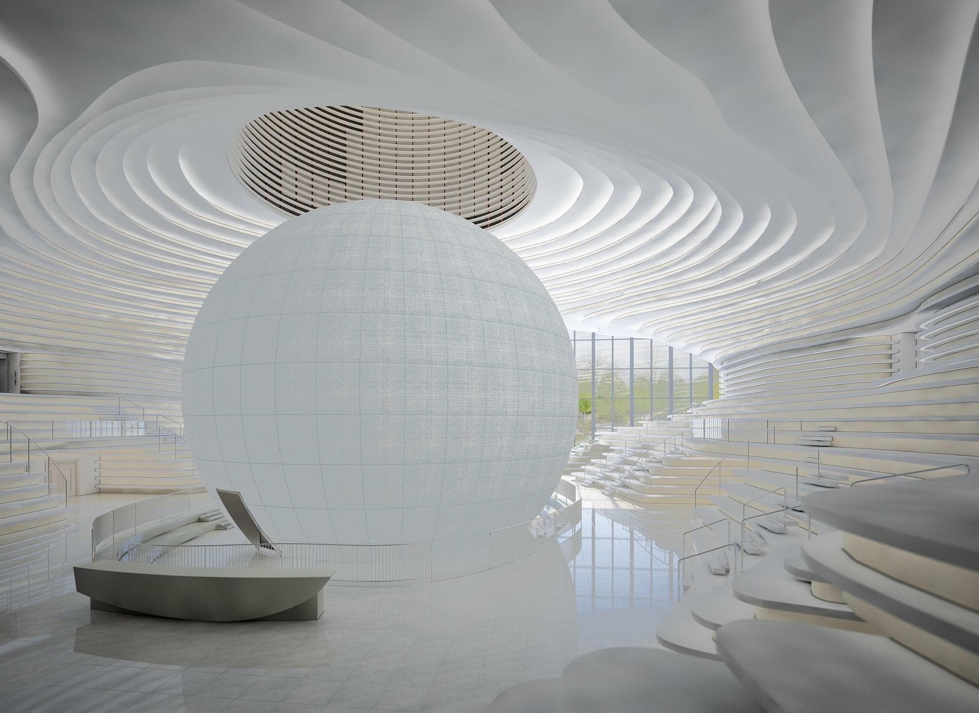 Museum interior of building with ball inside 3D model_2