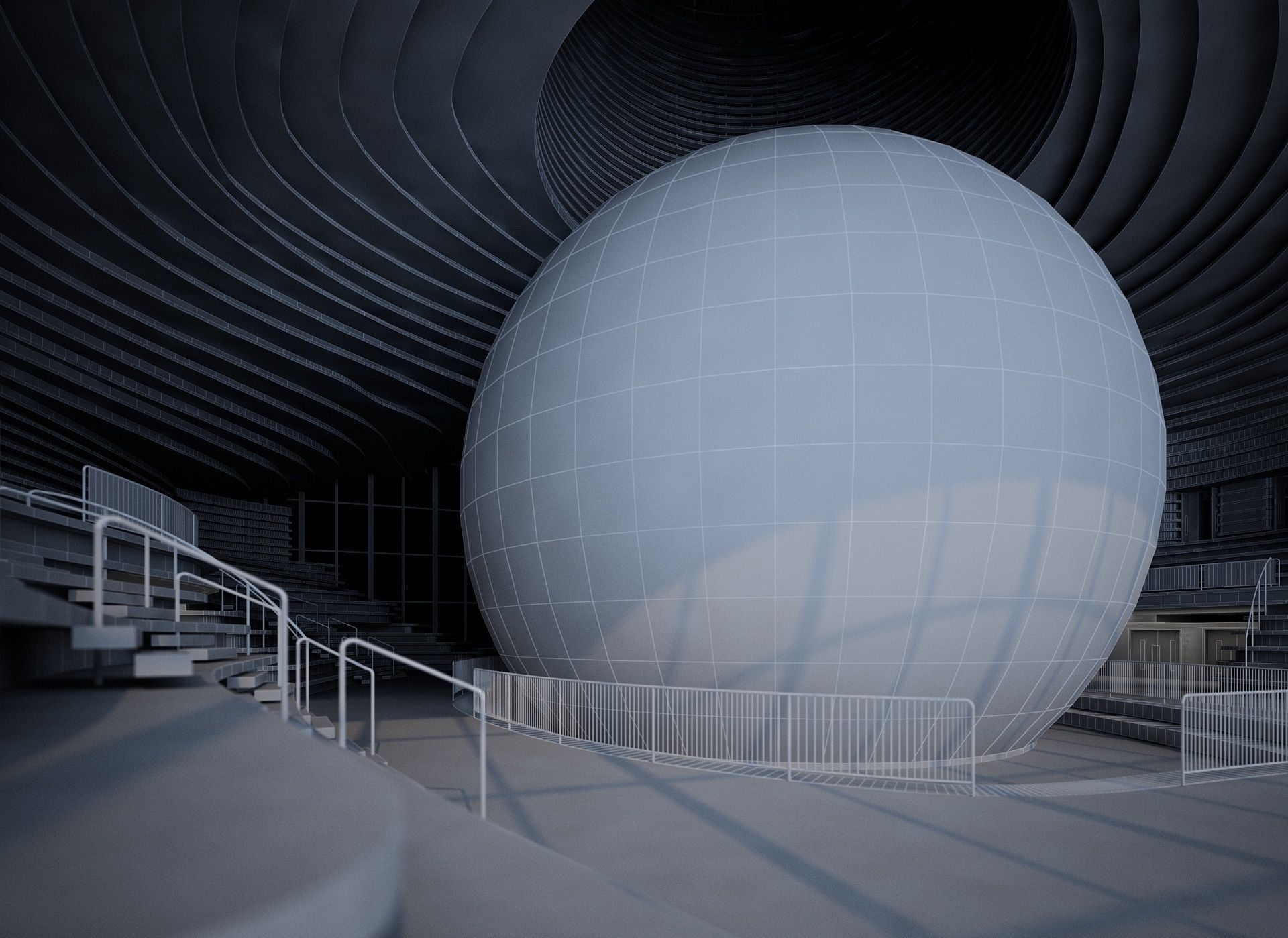 Museum interior of building with ball inside 3D model_8