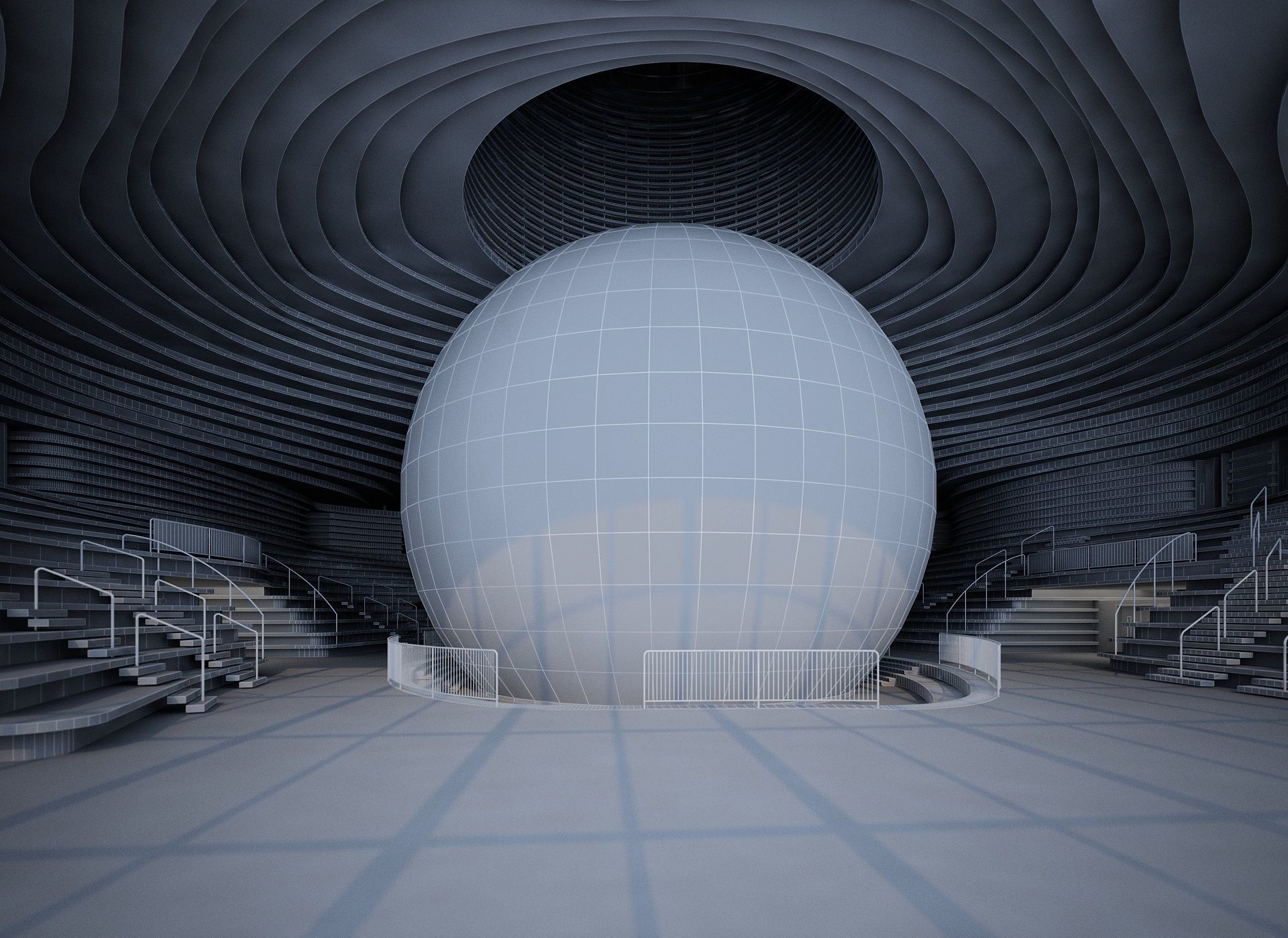 Museum interior of building with ball inside 3D model_7