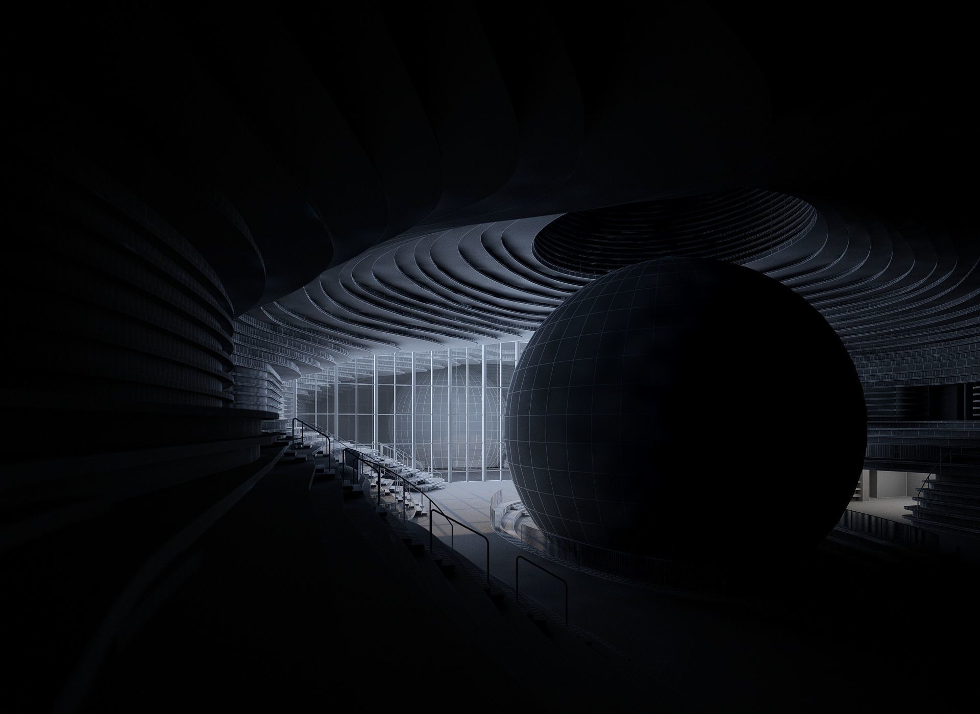 Museum interior of building with ball inside 3D model_9