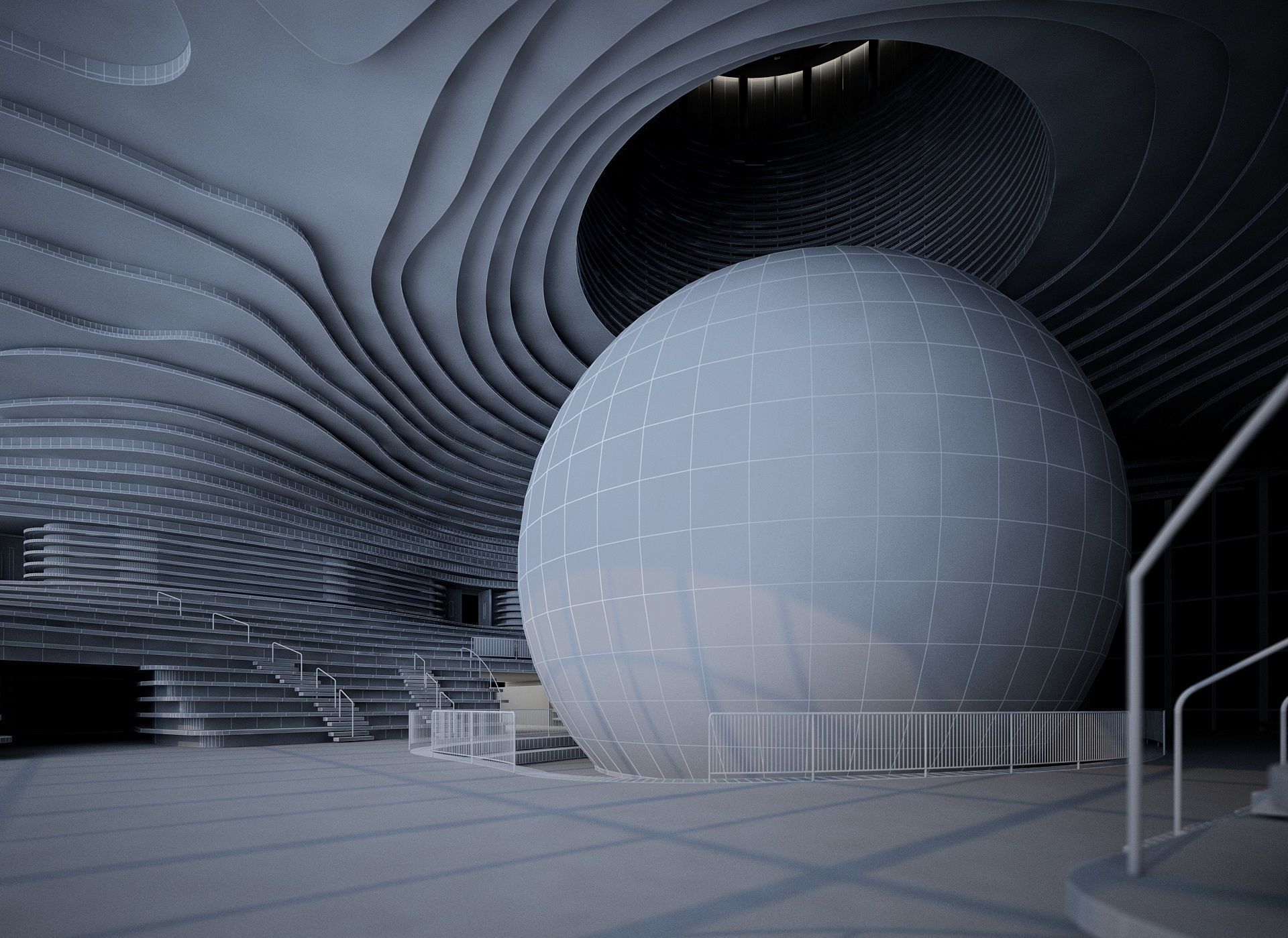 Museum interior of building with ball inside 3D model_10