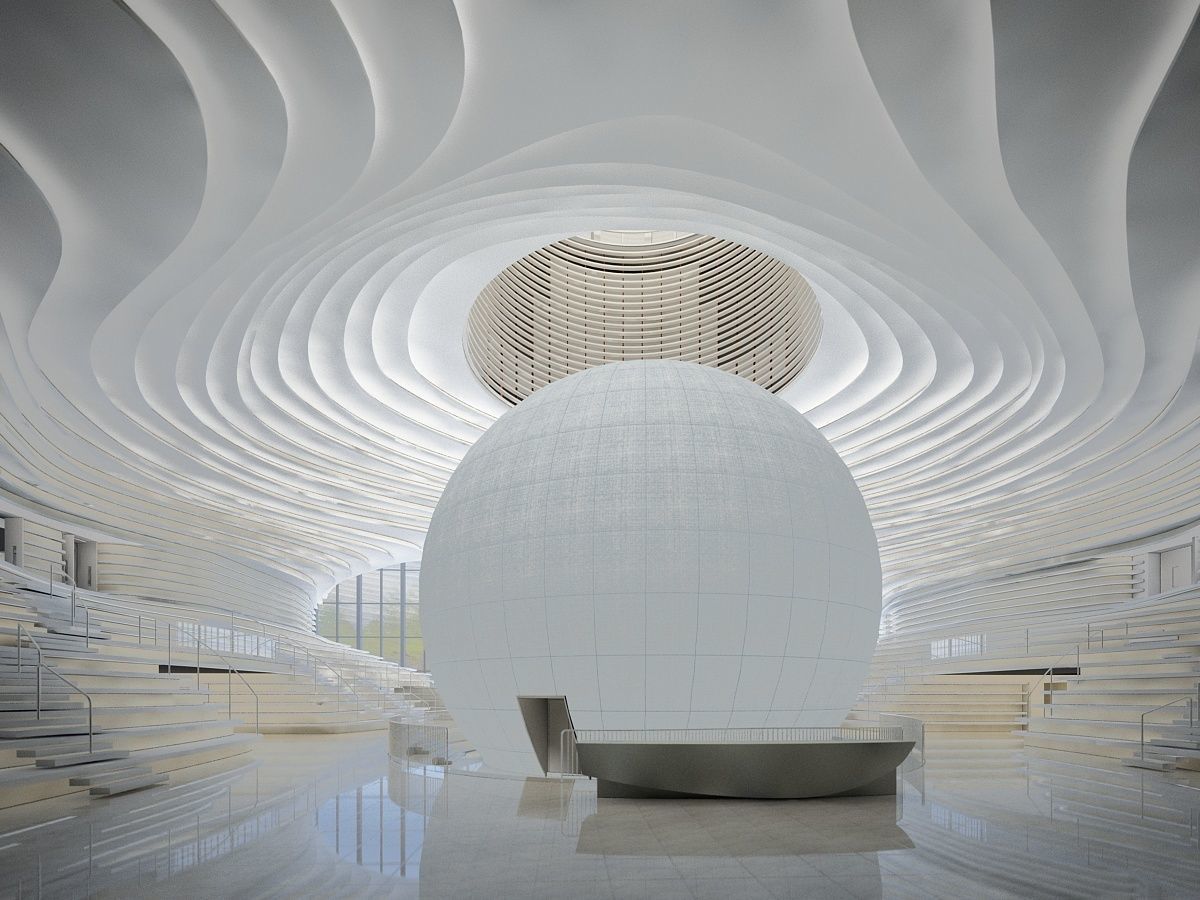 Museum interior of building with ball inside 3D model_1