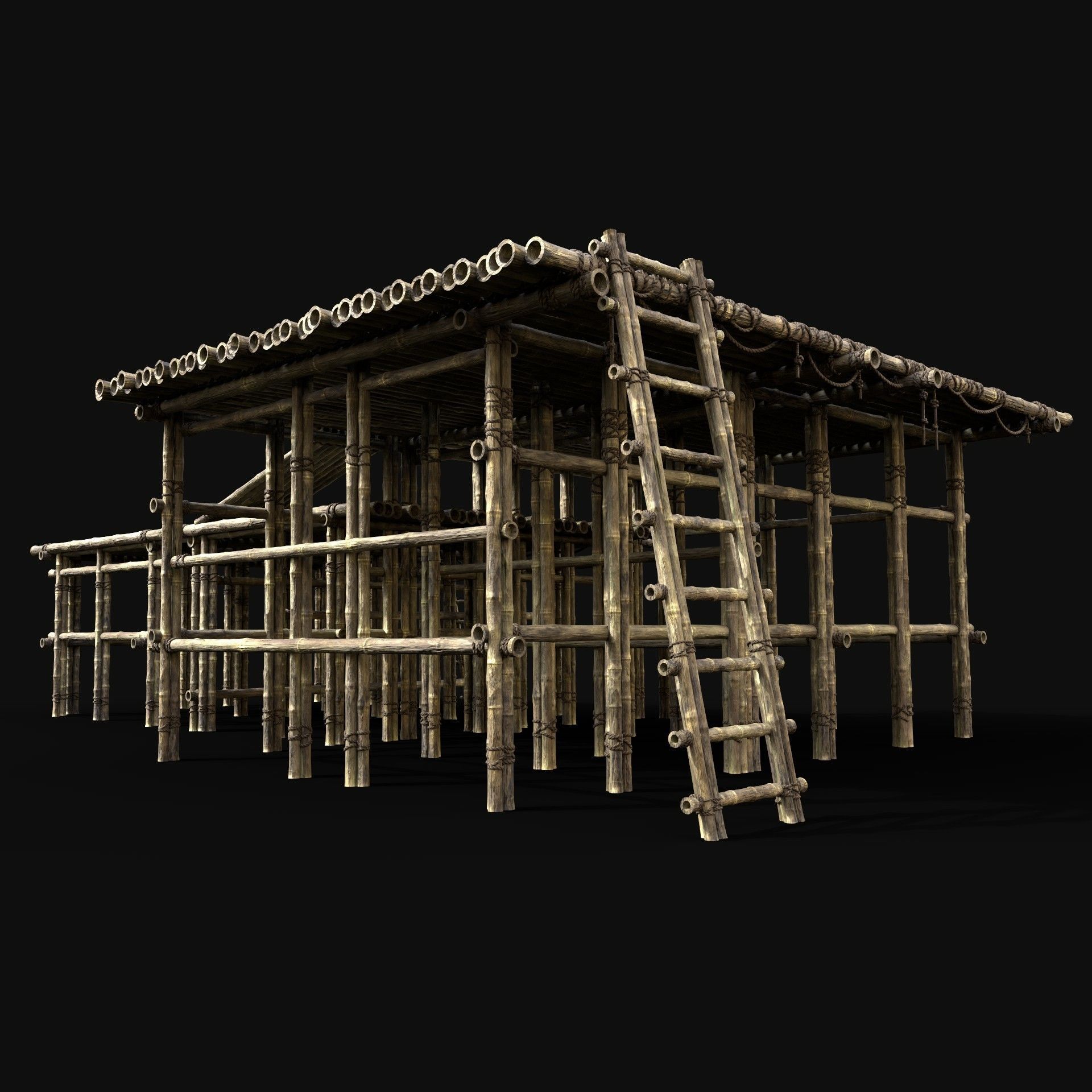 BAMBOO PIER BRIDGE LOG PLATFORM JUNGLE PORT DOCK CONSTRUCTION Low-poly 3D model_4