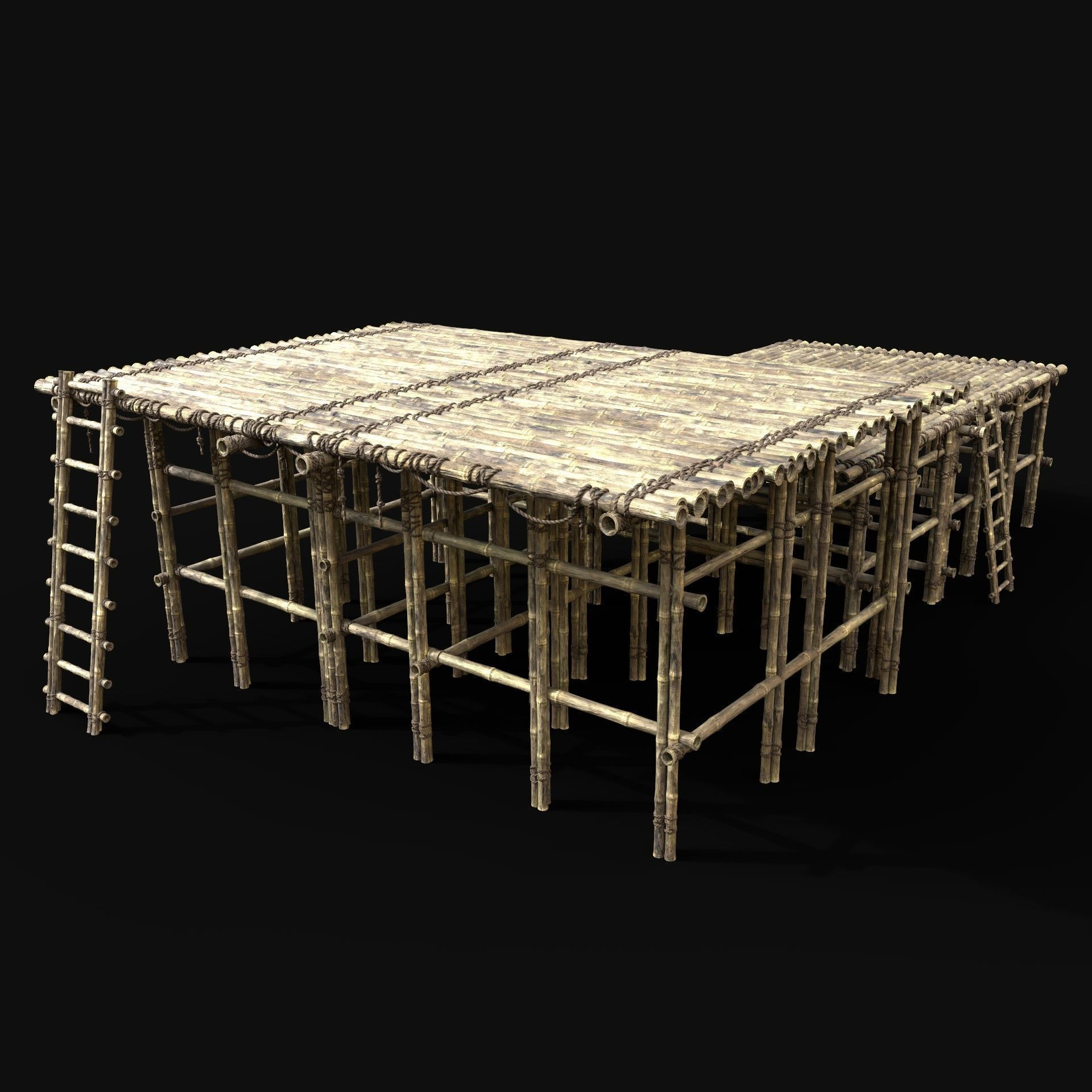 BAMBOO PIER BRIDGE LOG PLATFORM JUNGLE PORT DOCK CONSTRUCTION Low-poly 3D model_5