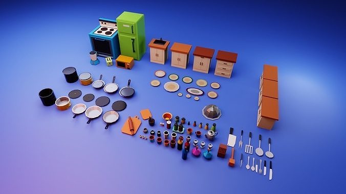 98 Low poly kitchen 3D game assets pack Low-poly 3D model