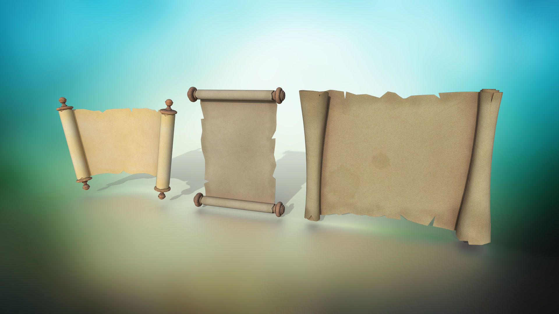 Set of three papyrus scrolls PBR low-poly game ready Low-poly 3D model_2