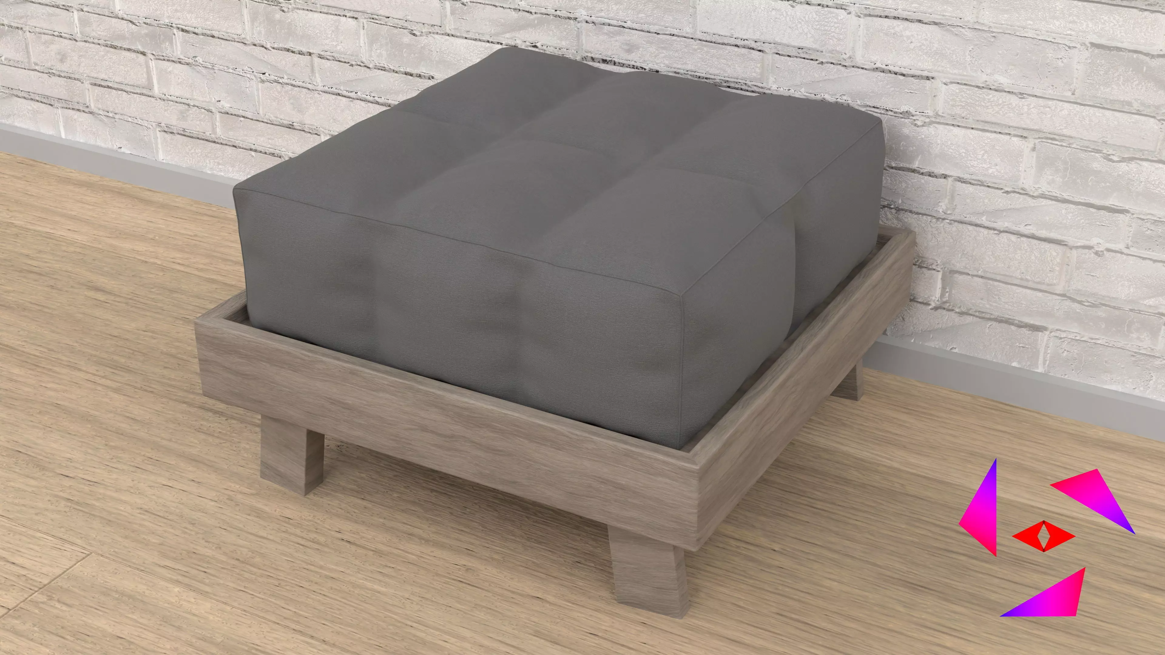 Ottoman bed with two pillows 3D model_0