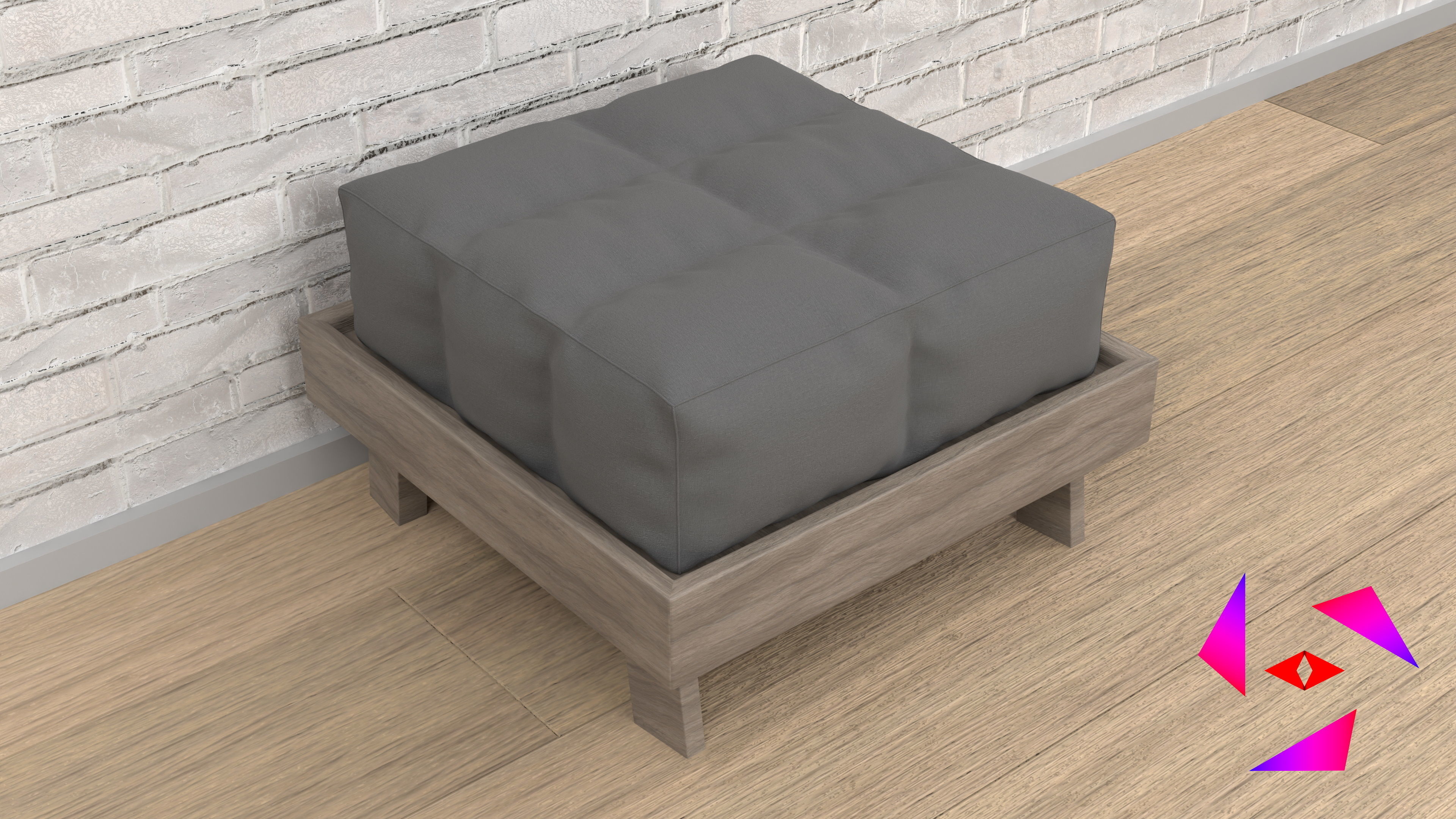 Ottoman bed with two pillows 3D model_1